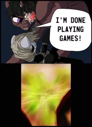 Size: 2400x3300 | Tagged: artist:aaronmk, comic, comic:it has to be this way, crossover, derpibooru import, explosion, fallout equestria, metal gear, metal gear rising, oc, oc:littlepip, oc:red eye, raiden, safe, senator armstrong