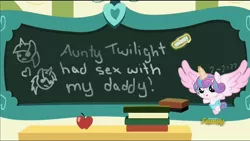 Size: 1280x720 | Tagged: suggestive, artist:anxiouslilnerd, derpibooru import, edit, edited screencap, screencap, princess flurry heart, shining armor, twilight sparkle, twilight sparkle (alicorn), alicorn, pony, a flurry of emotions, auntie twilight, discovery family logo, female, flurry art, flurry heart's chalkboard, i don't know what you're talking about, implied shipping, incest, infidelity, kids say the darndest things, male, meme, she knows, shiningsparkle, shipping, straight, twicest