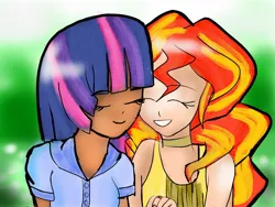 Size: 2048x1536 | Tagged: safe, artist:lilith-chan, derpibooru import, sunset shimmer, twilight sparkle, crossover, cuddling, cute, dark skin, eyes closed, female, holding hands, human coloration, lesbian, puella magi madoka magica, shimmerbetes, shipping, sunsetsparkle, twiabetes