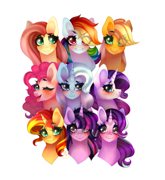 Size: 1024x1115 | Tagged: safe, artist:starshame, derpibooru import, applejack, fluttershy, pinkie pie, rainbow dash, rarity, starlight glimmer, sunset shimmer, trixie, twilight sparkle, twilight sparkle (alicorn), alicorn, earth pony, pegasus, pony, unicorn, blushing, cute, eye clipping through hair, female, group, mane six, mare, simple background, transparent background