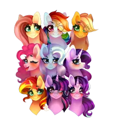 Size: 1024x1115 | Tagged: safe, artist:starshame, derpibooru import, applejack, fluttershy, pinkie pie, rainbow dash, rarity, starlight glimmer, sunset shimmer, trixie, twilight sparkle, twilight sparkle (alicorn), alicorn, earth pony, pegasus, pony, unicorn, blushing, cute, eye clipping through hair, female, group, mane six, mare, simple background, transparent background