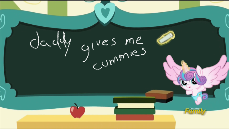 Size: 1920x1080 | Tagged: suggestive, derpibooru import, edit, edited screencap, screencap, princess flurry heart, pony, a flurry of emotions, cummies, daddy, exploitable meme, flurry art, flurry heart's chalkboard, implied babycon, implied foalcon, implied incest, implied shining armor, meme, solo