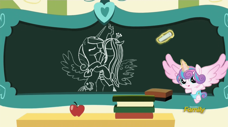 Size: 1919x1072 | Tagged: a flurry of emotions, cadalis, chalkboard, changeling, changeling queen, derpibooru import, discovery family logo, edit, edited screencap, exploitable meme, female, flurry art, flurry heart's chalkboard, flurry the shipper, kissing, lesbian, meme, princess cadance, princess flurry heart, queen chrysalis, safe, screencap, shipper on deck, shipping, solo