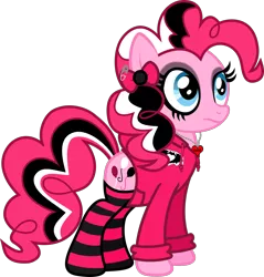 Size: 1288x1348 | Tagged: safe, artist:lightningbolt, derpibooru import, pinkie pie, earth pony, pony, .svg available, bow, clandestine industries, clothes, dyed mane, dyed tail, emo, eyeliner, eyeshadow, female, frown, goth, hoodie, jewelry, makeup, mare, necklace, panic! at the disco, patch, pinkie pie's boutique, safety pin, scene kid, simple background, socks, solo, standing, striped socks, svg, transparent background, vector