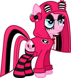 Size: 1139x1249 | Tagged: safe, artist:lightningbolt, derpibooru import, pinkie pie, earth pony, pony, .svg available, angry, bow, clandestine industries, clothes, dyed mane, dyed tail, emo, eyeliner, eyeshadow, female, frown, goth, hoodie, jewelry, makeup, mare, necklace, panic! at the disco, patch, pinkamena diane pie, pinkie pie's boutique, running makeup, safety pin, scene kid, simple background, socks, solo, standing, striped socks, svg, transparent background, vector