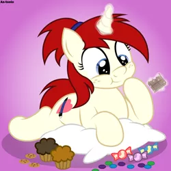 Size: 5000x5000 | Tagged: safe, artist:an-tonio, derpibooru import, oc, oc:silver draw, unofficial characters only, pony, unicorn, absurd resolution, candy, chocolate, cookie, cute, eating, female, food, freckles, magic, mare, muffin, ocbetes, pillow, solo, this will end in diabetes, this will end in weight gain