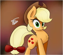 Size: 1280x1138 | Tagged: safe, artist:tg1117, derpibooru import, applejack, pony, alternate hairstyle, bow, chest fluff, cute, jackabetes, looking at you, solo, tail bow