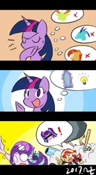 Size: 495x900 | Tagged: safe, artist:rvceric, derpibooru import, applejack, aria blaze, princess ember, rainbow dash, starlight glimmer, sunburst, sunset shimmer, thorax, twilight sparkle, twilight sparkle (alicorn), alicorn, changedling, changeling, celestial advice, equestria girls, baseball bat, comic, hilarious in hindsight, king thorax, mistaken identity, party cannon, rock