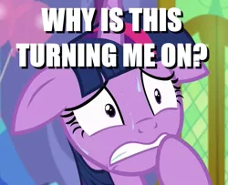 Size: 939x763 | Tagged: suggestive, derpibooru import, edit, edited screencap, screencap, twilight sparkle, twilight sparkle (alicorn), alicorn, pony, celestial advice, aroused, bust, confused, cropped, female, floppy ears, frown, gritted teeth, hoof over mouth, image macro, mare, meme, nervous, portrait, question, reaction image, solo, sweat, text, wide eyes, worried
