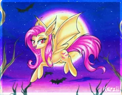 Size: 800x624 | Tagged: safe, artist:karzii, derpibooru import, fluttershy, bat, bat pony, pony, flutterbat, flying, moon, night, race swap, solo, stars, traditional art, tree branch