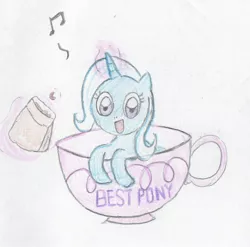 Size: 1328x1312 | Tagged: safe, artist:foxy1219, derpibooru import, trixie, pony, unicorn, all bottled up, best pony, cinnamon nuts, cup, female, food, levitation, magic, mare, music notes, solo, teacup, telekinesis, that pony sure does love teacups, traditional art