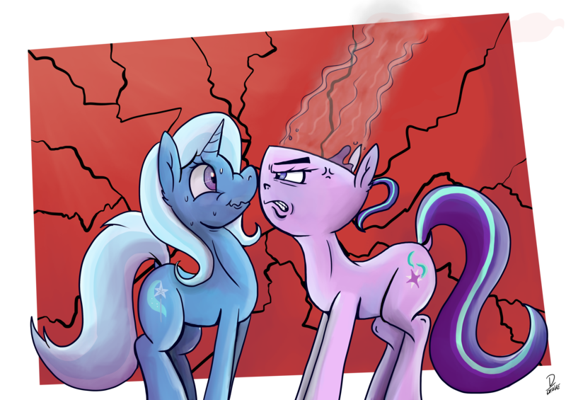 Size: 5016x3541 | Tagged: safe, artist:dinodraketakethecake, derpibooru import, starlight glimmer, trixie, pony, unicorn, all bottled up, absurd resolution, cross-popping veins, cup, dock, female, frown, gritted teeth, mare, meme, snickering, sweat, teacup, that pony sure does love teacups, transformation, triggered, wat, wavy mouth, what has magic done