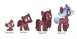 Size: 1280x662 | Tagged: safe, artist:kapusha-blr, derpibooru import, oc, oc:beatrice, unofficial characters only, earth pony, pony, age progression, female, filly, foal, hair over one eye, looking at you, looking away, raised hoof, russian, simple background, smiling, solo, text, white background