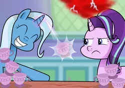 Size: 2500x1768 | Tagged: safe, artist:sketchzi, derpibooru import, starlight glimmer, trixie, pony, unicorn, all bottled up, cup, cute, diatrixes, eyes closed, female, happy, kitchen, mare, scene interpretation, teacup, that pony sure does love teacups, twilight's castle