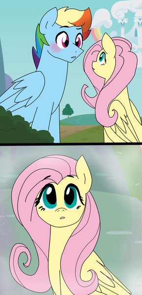 Size: 1611x3328 | Tagged: safe, artist:dilemmas4u, derpibooru import, fluttershy, rainbow dash, pony, blushing, female, flutterblitz, flutterdash, half r63 shipping, looking at each other, male, rainbow blitz, rule 63, shipping, straight