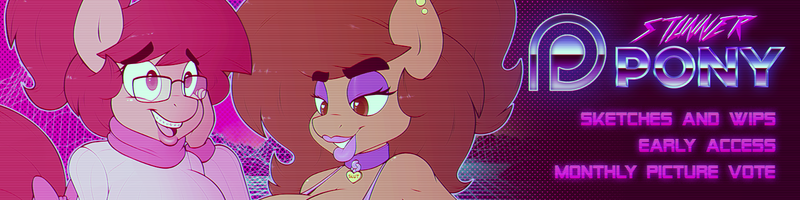 Size: 1600x400 | Tagged: 80s, anthro, artist:stunnerpone, derpibooru import, female, lipstick, oc, oc:georgia lockheart, patreon, patreon logo, patreon preview, retro, suggestive, unofficial characters only