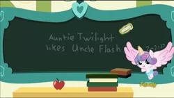 Size: 1280x720 | Tagged: safe, derpibooru import, edit, edited screencap, screencap, flash sentry, princess flurry heart, twilight sparkle, pony, a flurry of emotions, auntie twilight, discovery family logo, exploitable meme, female, flashlight, flurry art, flurry heart's chalkboard, flurry ships it, flurry the shipper, implied flashlight, implied shipping, implied straight, implied uncle flash, like mother like daughter, male, meme, shipper on deck, shipping, solo, straight, truth, uncle flash