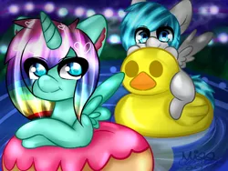 Size: 800x600 | Tagged: safe, artist:missclarlisa, derpibooru import, oc, unofficial characters only, alicorn, pegasus, pony, alicorn oc, chibi, float, floatie, inflatable, inflatable toy, inner tube, pool toy, rubber duck, water