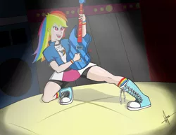 Size: 3300x2550 | Tagged: safe, artist:kifshestand44, derpibooru import, rainbow dash, equestria girls, rainbow rocks, awesome as i want to be, boots, bracelet, clothes, converse, electric guitar, guitar, human coloration, jewelry, scene interpretation, shoes, socks, solo, wristband