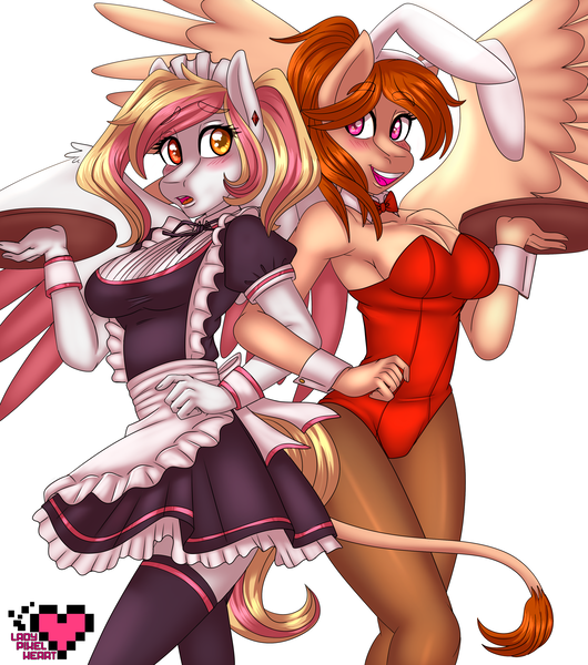 Size: 2975x3366 | Tagged: suggestive, artist:ladypixelheart, derpibooru import, oc, oc:coraline, oc:xiao, unofficial characters only, anthro, earth pony, pegasus, adorasexy, anthro oc, armpits, breasts, bunny suit, cleavage, clothes, commission, cute, duo, duo female, female, leotard, maid, mare, playboy bunny, sexy, simple background, smiling, speedpaint, white background