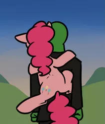 Size: 865x1025 | Tagged: safe, artist:neuro, derpibooru import, pinkie pie, oc, oc:anon, earth pony, human, pony, female, floppy ears, male, mare, piggyback ride, ponies riding humans, rear view, riding, walking