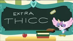 Size: 1920x1080 | Tagged: safe, derpibooru import, edit, edited screencap, screencap, princess flurry heart, pony, a flurry of emotions, discovery family logo, exploitable meme, extra thicc, flurry art, flurry heart's chalkboard, meme, samurai jack, solo, they grow up so fast