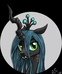 Size: 2400x2850 | Tagged: artist:amarynceus, bust, changeling, changeling queen, colored, color edit, colorist:qtluna, derpibooru import, edit, fangs, female, looking at you, mare, out of frame, portrait, queen chrysalis, safe, slit eyes, solo