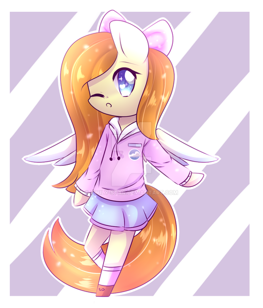 Size: 1024x1198 | Tagged: alicorn, anthro, artist:twily-star, bow, chibi, clothes, cute, derpibooru import, female, hair bow, hoodie, mare, moe, oc, ocbetes, oc:logan aeir, one eye closed, safe, shoes, skirt, socks, solo, sweater, unofficial characters only, watermark, wink