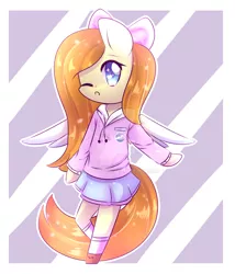 Size: 1024x1198 | Tagged: alicorn, anthro, artist:twily-star, bow, chibi, clothes, cute, derpibooru import, female, hair bow, hoodie, mare, moe, oc, ocbetes, oc:logan aeir, one eye closed, safe, shoes, skirt, socks, solo, sweater, unofficial characters only, watermark, wink