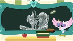 Size: 1280x720 | Tagged: safe, derpibooru import, edit, edited screencap, editor:uni-pon, screencap, princess flurry heart, starlight glimmer, trixie, pony, unicorn, a flurry of emotions, all bottled up, chalkboard, crossing the memes, discovery family logo, female, flurry art, flurry heart's chalkboard, mare, meme, they grow up so fast, trixie's puppeteering