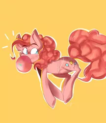 Size: 1108x1280 | Tagged: safe, artist:fluffy pines, derpibooru import, pinkie pie, pony, bubble, bubblegum, food, gum, simple background, solo, yellow background