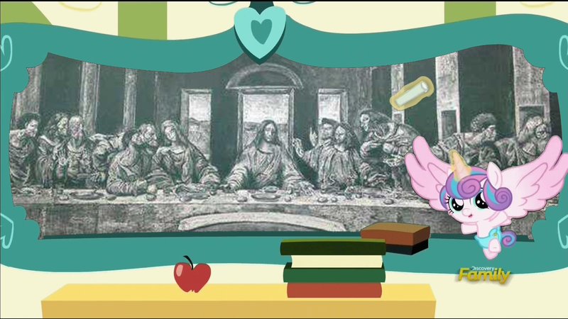 Size: 1280x720 | Tagged: safe, artist:leonardo da vinci, derpibooru import, edit, edited screencap, screencap, princess flurry heart, alicorn, pony, a flurry of emotions, apple, book, chalk, chalkboard, discovery family logo, flurry art, flurry heart's chalkboard, food, jesus christ, leonardo da vinci, magic, meme, telekinesis, the last supper