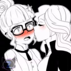 Size: 800x800 | Tagged: safe, artist:ponyprincessgirl100, derpibooru import, sci-twi, sunset shimmer, twilight sparkle, equestria girls, black background, blushing, cute, eyes closed, female, glasses, kissing, lesbian, monochrome, neo noir, open mouth, partial color, scitwishimmer, shipping, simple background, sunsetsparkle, surprise kiss, surprised