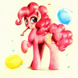Size: 1936x1936 | Tagged: safe, artist:colorfulcolor233, derpibooru import, pinkie pie, pony, balloon, party horn, raised hoof, solo