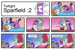 Size: 4040x2644 | Tagged: safe, artist:docwario, derpibooru import, princess celestia, twilight sparkle, twilight sparkle (alicorn), alicorn, pony, absurd resolution, bed, behaving like a cat, cake, comic, crossover, deviantart link, food, garfield, image, inconvenient twilight, magic, newspaper, png, prone, sleeping, style emulation, telekinesis, woonoggles, z