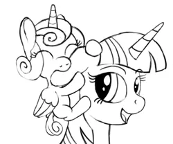 Size: 1200x1000 | Tagged: safe, artist:negasun, derpibooru import, princess flurry heart, twilight sparkle, twilight sparkle (alicorn), alicorn, pony, a flurry of emotions, aunt and niece, biting, black and white, ear bite, grayscale, monochrome, sketch