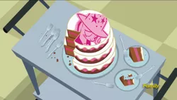 Size: 1382x777 | Tagged: safe, derpibooru import, edit, edited screencap, screencap, trixie, pony, unicorn, a flurry of emotions, apology cake, cake, discovery family logo, exploitable meme, female, food, fork, mare, meme, plate