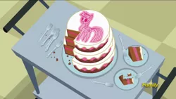 Size: 1382x777 | Tagged: safe, derpibooru import, edit, edited screencap, screencap, twilight sparkle, pony, a flurry of emotions, apology cake, cake, discovery family logo, exploitable meme, food, fork, meme, paper twilight, plate