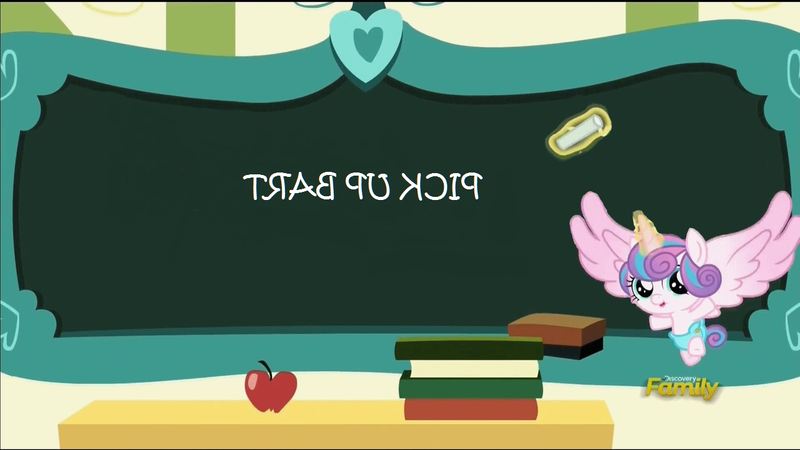 Size: 1280x720 | Tagged: safe, derpibooru import, edit, edited screencap, screencap, princess flurry heart, pony, a flurry of emotions, brother from the same planet, discovery family logo, exploitable meme, flurry art, flurry heart's chalkboard, meme, solo, the shining, the simpsons, trab pu kcip