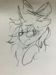 Size: 2448x3264 | Tagged: safe, artist:hkpegasister, derpibooru import, oc, oc:spec steele, unofficial characters only, pony, unicorn, blushing, bow, broken horn, bust, chest fluff, crossdressing, draft horse, glasses, solo, sweat, sweatdrop, traditional art