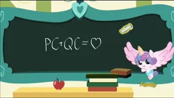 Size: 1920x1080 | Tagged: safe, derpibooru import, edit, edited screencap, editor:watermelon changeling, screencap, princess flurry heart, alicorn, pony, a flurry of emotions, apple, book, chalk, chalk drawing, chalkboard, chryslestia, exploitable meme, female, flurry art, flurry heart's chalkboard, implied chrysalis, implied princess celestia, magic, meme