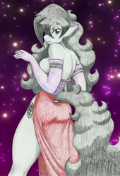 Size: 4208x6201 | Tagged: suggestive, artist:flicker-show, derpibooru import, oc, oc:flicker show, unofficial characters only, anthro, demon pony, earth pony, absurd resolution, anthro oc, beautiful, breasts, clothes, dress, evening gloves, female, gloves, long gloves, looking at you, looking back, mare, rear view, rule 63, sideboob, side slit, solo, solo female, traditional art