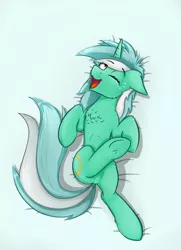 Size: 1630x2250 | Tagged: safe, artist:o0o-bittersweet-o0o, derpibooru import, lyra heartstrings, pony, chest fluff, crying, cute, dock, floppy ears, fluffy, laughing, lyrabetes, on back, one eye closed, simple background, solo, teal background, tears of joy, tears of laughter, underhoof, wink