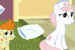Size: 835x554 | Tagged: safe, derpibooru import, screencap, gallop j. fry, nurse redheart, pony, a flurry of emotions, adoredheart, animated, animation error, cute, faint, gif, horsey hives, ponyville hospital