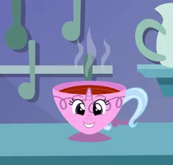 Size: 3142x3000 | Tagged: artist:sollace, counter, cup, cute, derpibooru import, grin, inanimate tf, irony, objectification, object pony, original species, ponified, safe, smiling, solo, teacup, teacupified, that pony sure does love teacups, transformation, trixie, trixie cups, trixie teacup, vector