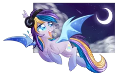 Size: 5000x3200 | Tagged: safe, artist:kaikururu, derpibooru import, oc, oc:moonlight waves, unofficial characters only, bat pony, pony, absurd resolution, cloud, flying, headphones, moon, music notes, solo, stars