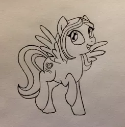 Size: 2001x2044 | Tagged: safe, artist:madikatfangirl, derpibooru import, oc, oc:moon brook, unofficial characters only, pegasus, pony, 4chan, drawthread, monochrome, smiling, solo, spread wings, traditional art, wings