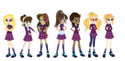 Size: 1572x765 | Tagged: safe, artist:animeponynintendo, derpibooru import, fleur-de-lis, indigo zap, lemon zest, sour sweet, sugarcoat, sunny flare, suri polomare, equestria girls, friendship games, blonde, brown hair, clothes, crystal prep academy uniform, dark skin, ear piercing, earring, glasses, headcanon, headphones, human coloration, jewelry, natural hair color, piercing, realism edits, school uniform, shadow five, shoes, simple background, socks, stockings, thigh highs, transparent background