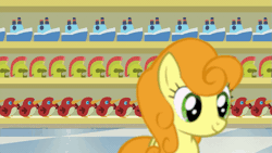 Size: 845x475 | Tagged: safe, derpibooru import, screencap, carrot top, cherry berry, golden harvest, princess flurry heart, earth pony, pegasus, pony, a flurry of emotions, alicorn wings, animated, eyes closed, female, foal, frown, gif, looking back, magic, mare, open mouth, race swap, shopping cart, smiling, supermarket, telekinesis, wheeeee