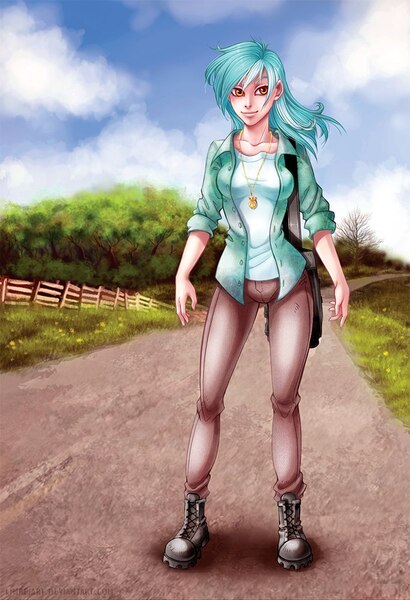 Size: 683x1000 | Tagged: artist:limreiart, cloud, derpibooru import, fanfic, fanfic:anthropology, fanfic art, female, human, humanized, jewelry, lyra heartstrings, pendant, road, safe, solo, tree